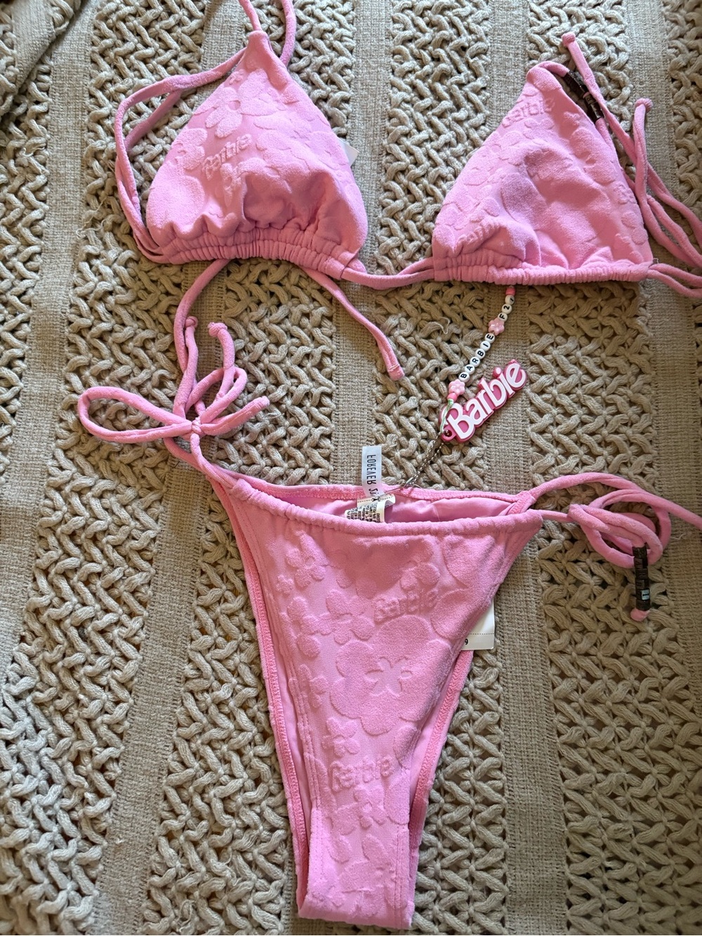 Pink Barbie Embossed Triangle Bikini Set